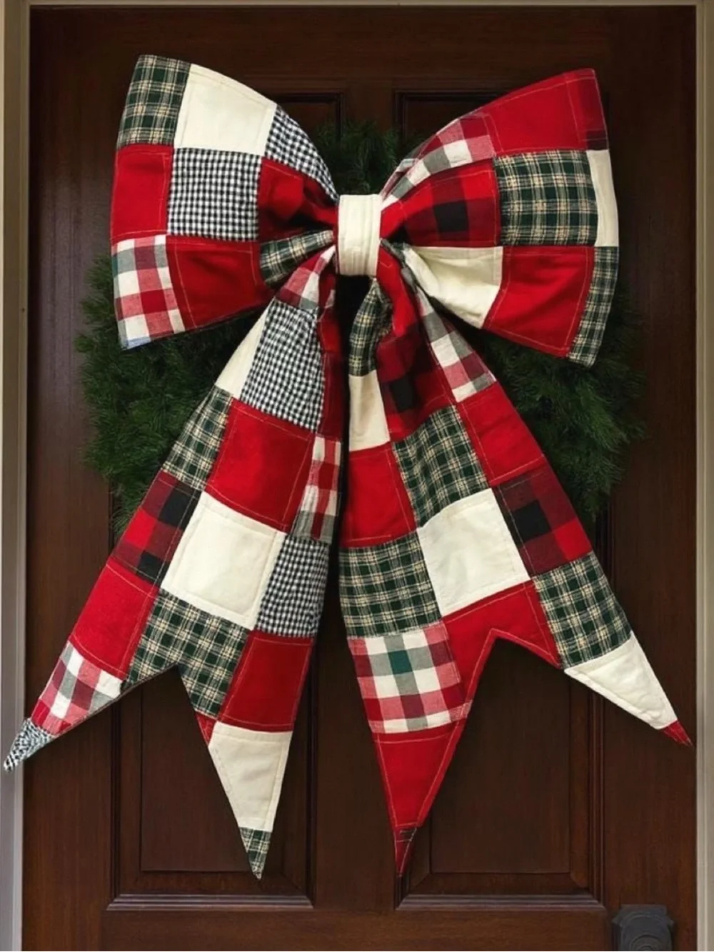 Plaid Patchwork Holiday Bow Wreath Accent - Red & Green